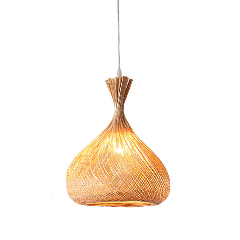 Chinese Style Bamboo Pendant Lamp - Hand-Braided Wood Construction 1 Head Ceiling Lantern