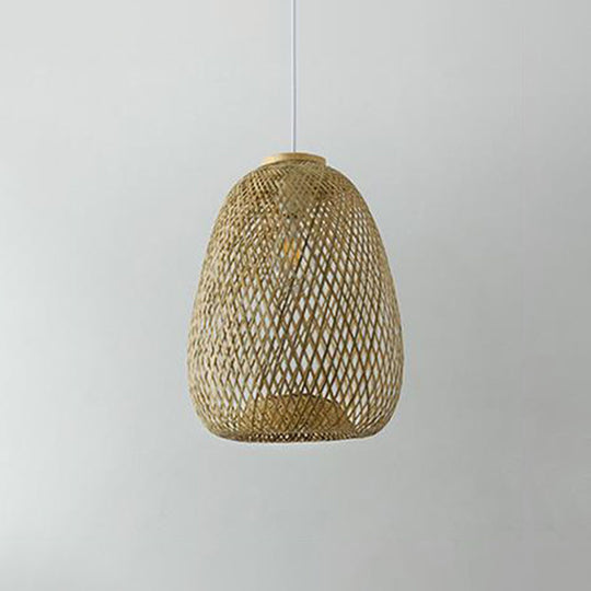 Chinese Style Bamboo Pendant Lamp - Hand-Braided Wood Construction 1 Head Ceiling Lantern / C