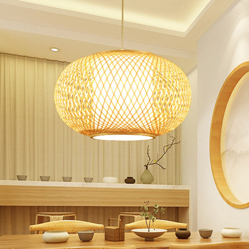 Chinese Bamboo Criss Cross Weaving Hanging Lamp Kit - Tearoom Pendant Light With Wood Finish (1