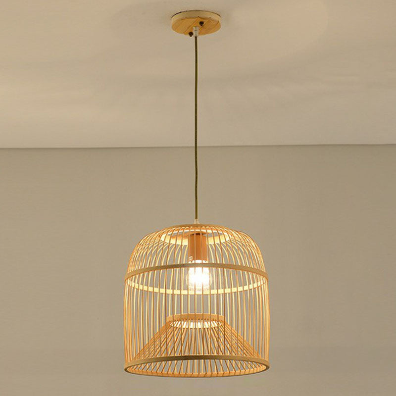 Bamboo Single Pendant Light: Geometric Shape Asian Design For Guest Room Wood / B