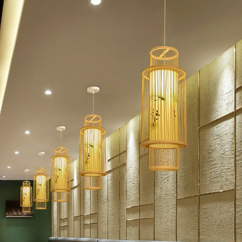 Bamboo Cage Lantern Pendant Light Fixture - Asian-Inspired 1-Light Bistro Suspension Lamp In Wood