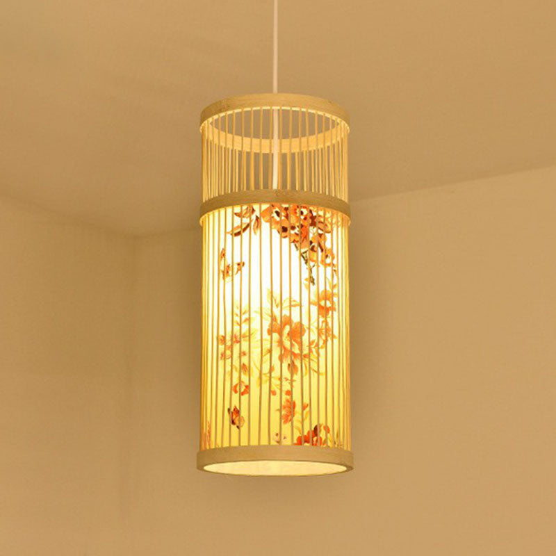 Bamboo Cage Lantern Pendant Light Fixture - Asian-Inspired 1-Light Bistro Suspension Lamp In Wood /