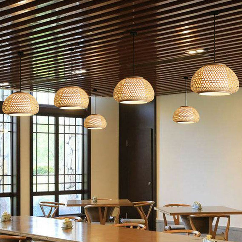 Asian Bamboo Woven Pendant Light For Dining Room - Wood Bowl Shape With 1