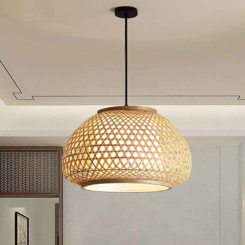 Asian Bamboo Woven Pendant Light For Dining Room - Wood Bowl Shape With 1