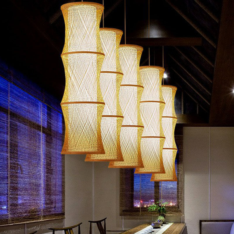 Wood Fish Trap Pendant Lamp With Rattan Shade - Asian 1-Light Ceiling Lighting