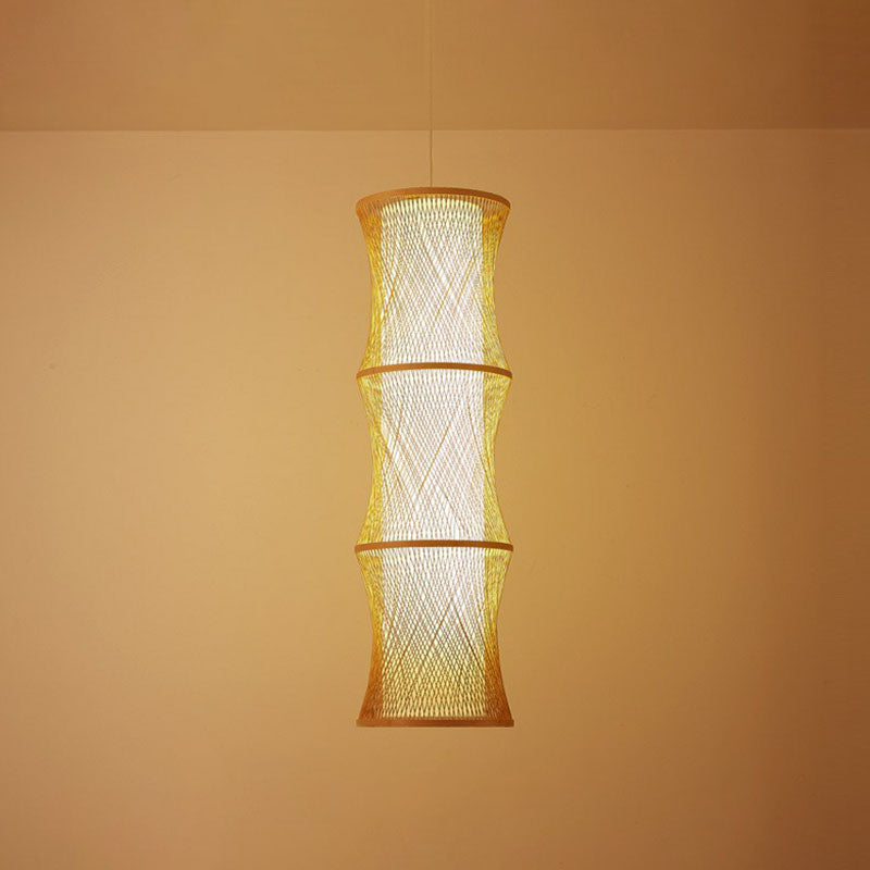 Wood Fish Trap Pendant Lamp With Rattan Shade - Asian 1-Light Ceiling Lighting
