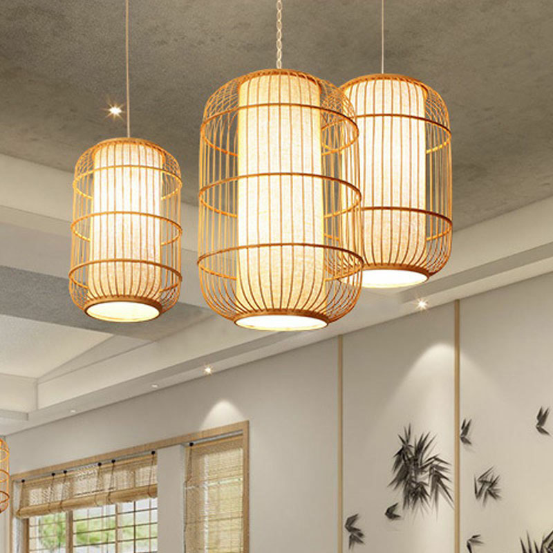 Chinese Bamboo Wood Pendant Lamp - Oval Hanging Ceiling Lantern With Shade Inside / Medium