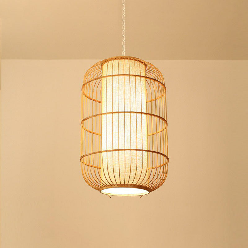 Chinese Bamboo Wood Pendant Lamp - Oval Hanging Ceiling Lantern With Shade Inside