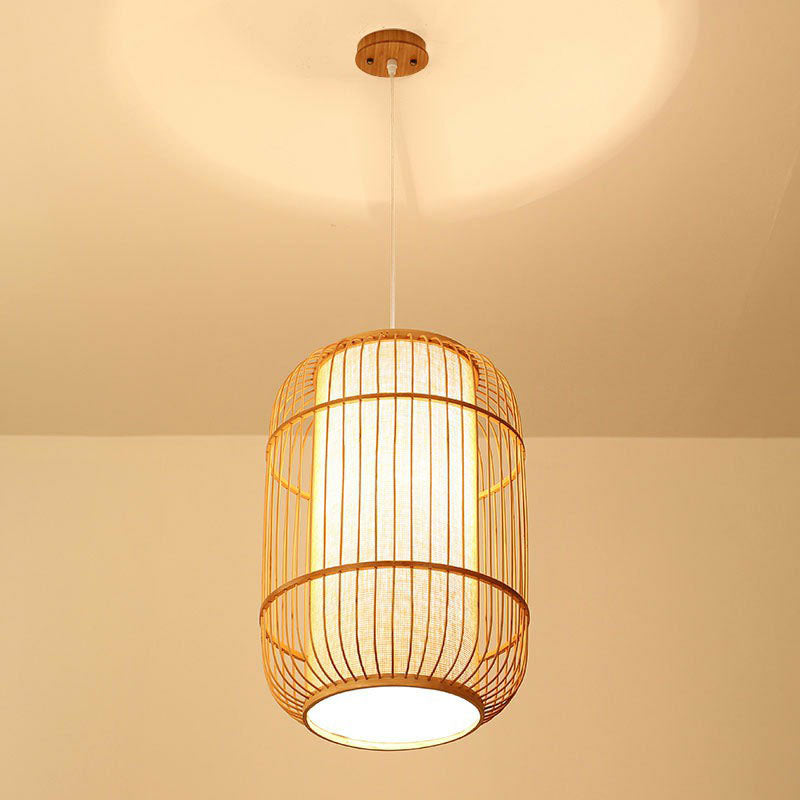 Chinese Bamboo Wood Pendant Lamp - Oval Hanging Ceiling Lantern With Shade Inside