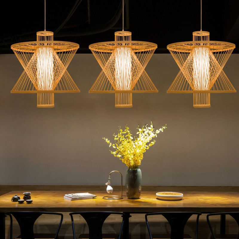 Down Lighting Bamboo Pendant Light: Sandglass Shape Asian Style 1 Bulb Wood Construction - Ideal For