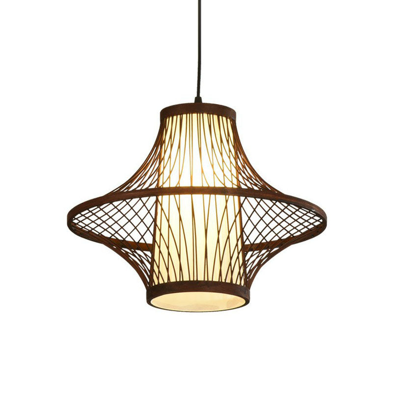 Bamboo Pendant Light Fixture - Asian Single Bulb Suspension Lighting With Inner White Shade