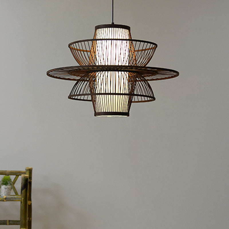 Wooden Geometrical Pendant Lamp With Chinese-Inspired Design Coffee Tone - 1 Head Suspended Lighting