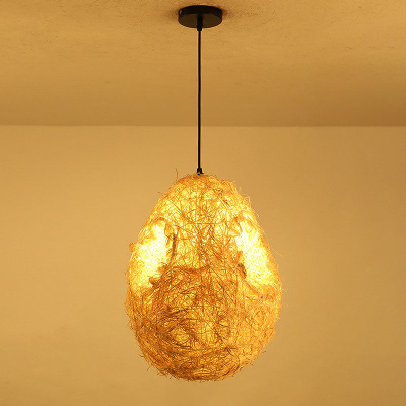 Woven Shade Drop Pendant Wood Hanging Light - Beige- Ideal For Restaurants