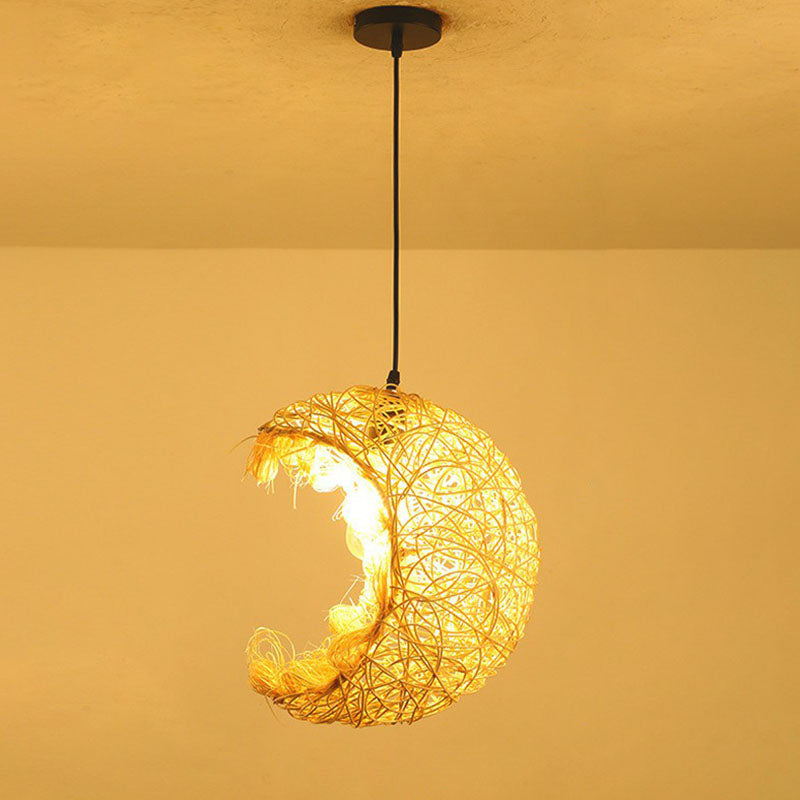 Woven Shade Drop Pendant Wood Hanging Light - Beige- Ideal For Restaurants / H