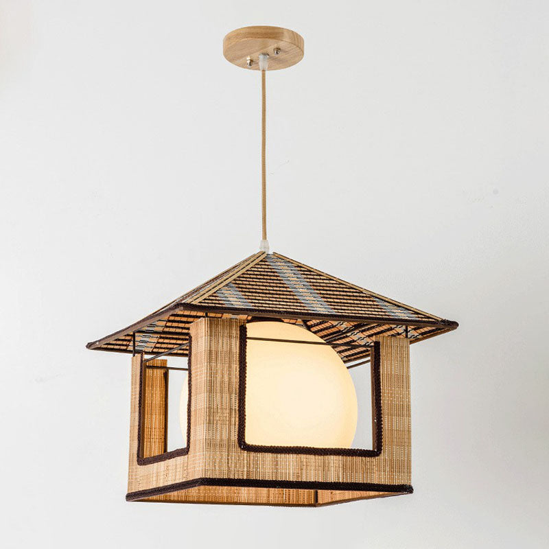 Bamboo Single Bedside Pendant Lamp - Asian Lodge Style With Milk Glass Shade