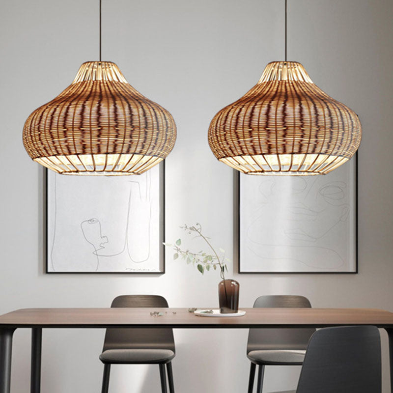 Asian Rattan Hanging Pendant Light With Hand-Worked Pear Shape Design For Dining Table - Wood Finish