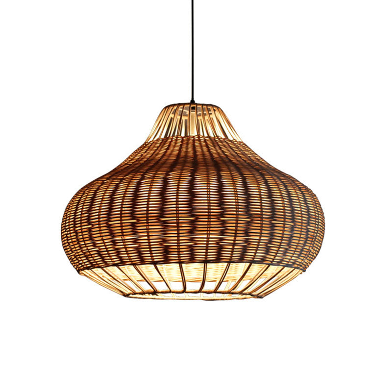 Asian Rattan Hanging Pendant Light With Hand-Worked Pear Shape Design For Dining Table - Wood Finish