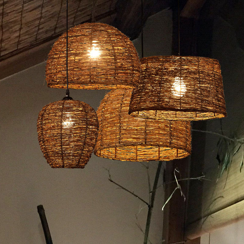 Rustic Brown Rattan Suspension Lamp: Single Pendant Light For Living Room