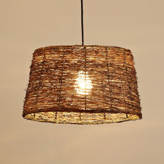 Rustic Brown Rattan Suspension Lamp: Single Pendant Light For Living Room