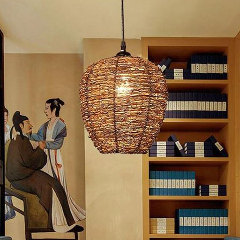 Rustic Brown Rattan Suspension Lamp: Single Pendant Light For Living Room
