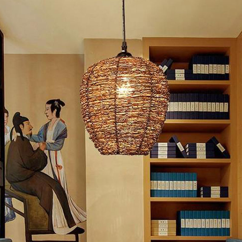 Rustic Brown Rattan Suspension Lamp: Single Pendant Light For Living Room / A