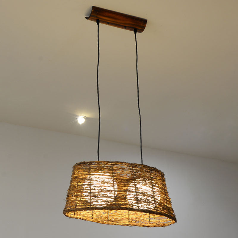 Rustic Rattan Wood Drop Pendant Light - 1 Head Oval Ceiling Hang For Restaurants