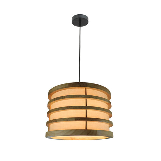 Contemporary Beige Bucket Pendant: 1-Light Wood Hanging Fixture