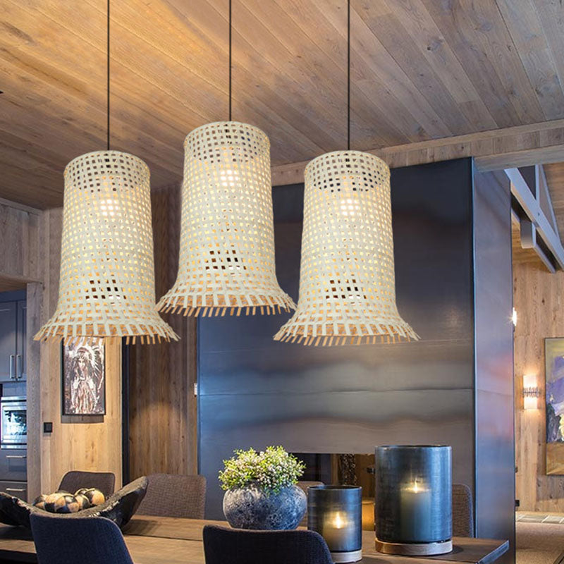 Bamboo Braided Ceiling Lamp With Fringe Trim - Asian-Inspired Pendant Light