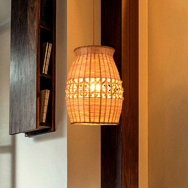 Asian Bamboo Jar Pendulum Light | Wood Woven Ceiling Hanging Lamp Fixture