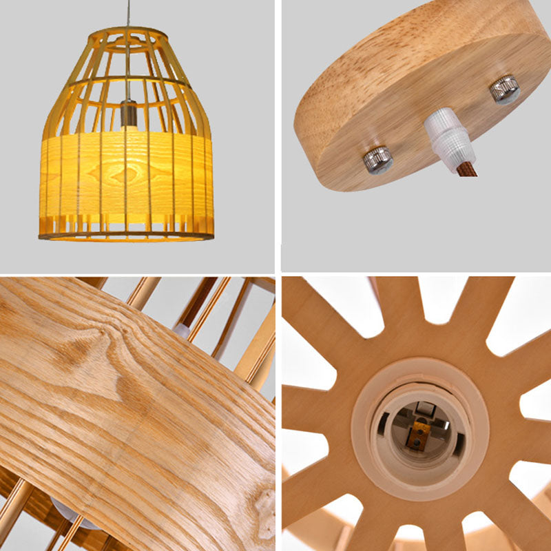 Asia Beige Wooden Pendant Light - Slatted Cage Design Single Bulb Suspended Fixture
