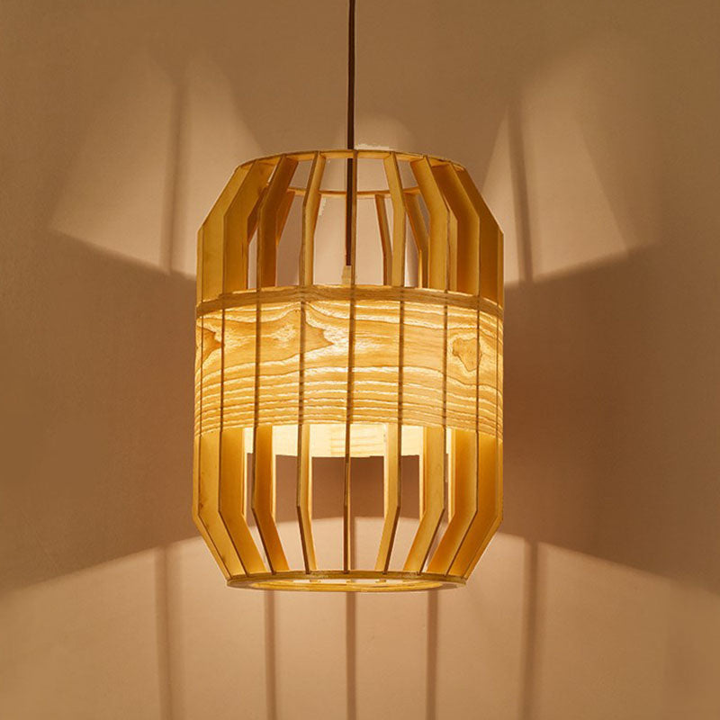 Asia Beige Wooden Pendant Light - Slatted Cage Design Single Bulb Suspended Fixture Wood / B