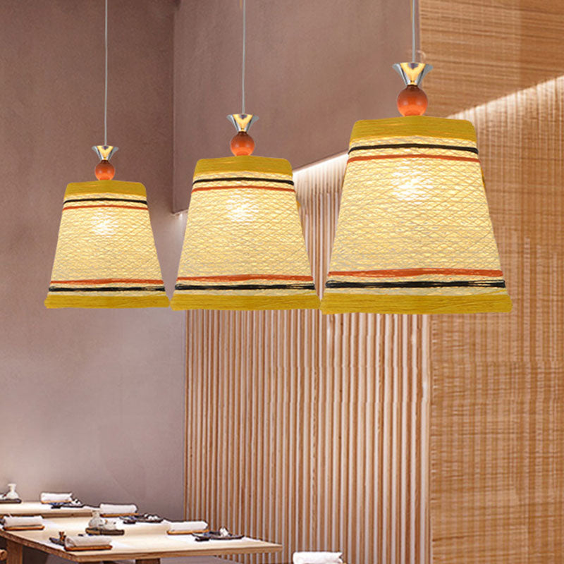 Chinese Bell Pendant Lamp: Rattan Fiber Single Hanging Light For Restaurants Yellow
