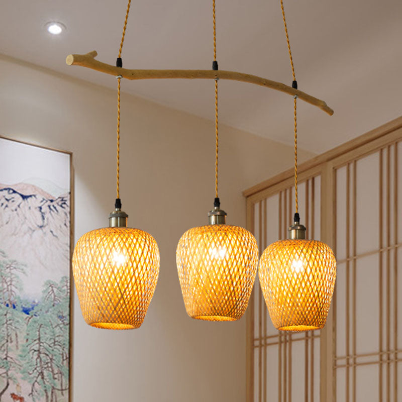 Chinese Single Pendant Bamboo Lantern Light With Wood Shade