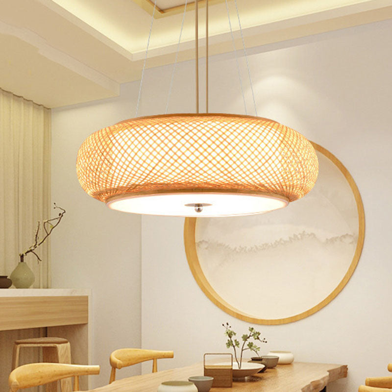 Asia Bamboo Round Hanging Light Fixture - Wood Ceiling Pendant With 1 Bulb For Living Room