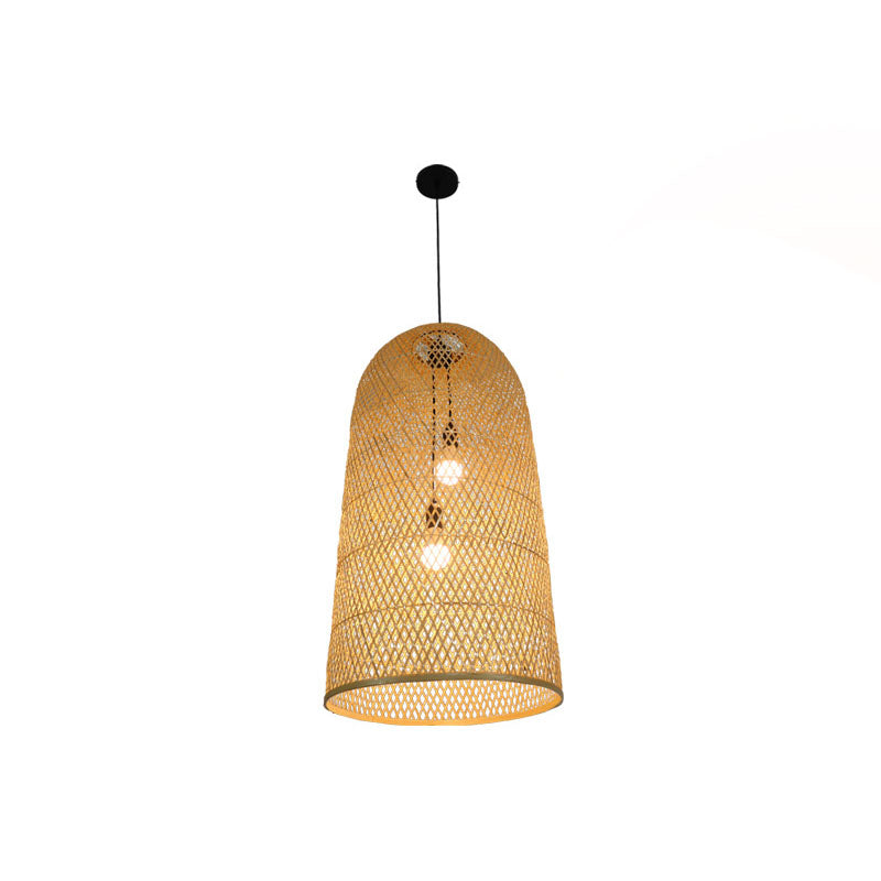 Bamboo Elongated Pendant Chandelier Asian 2 Lights Wood Drop Lamp for Living Room