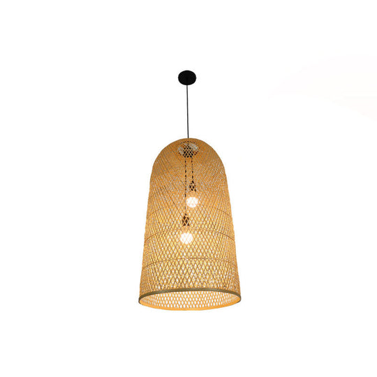 Bamboo Elongated Pendant Chandelier Asian 2 Lights Wood Drop Lamp for Living Room