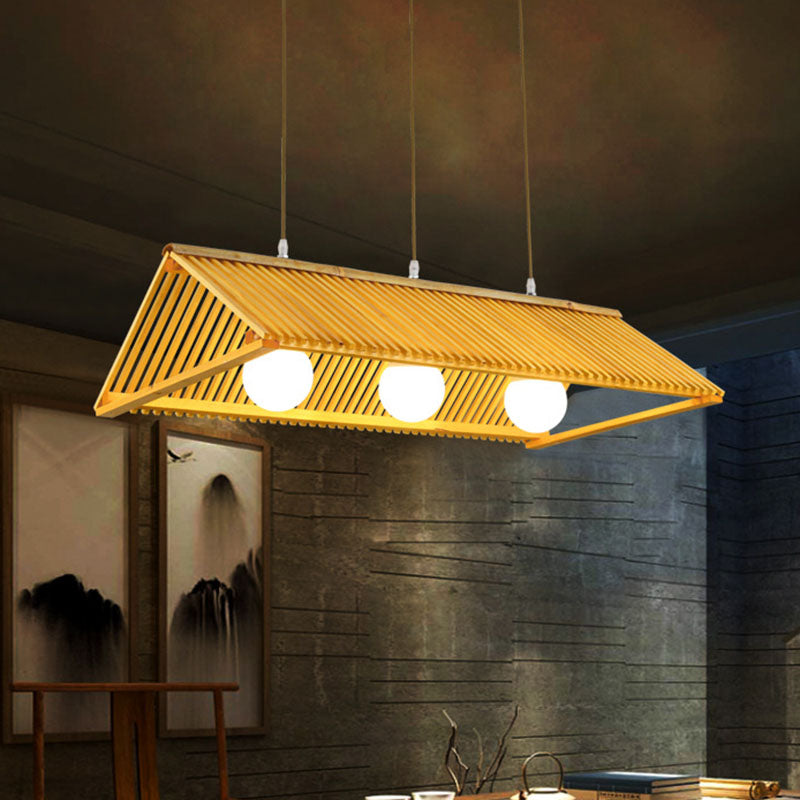 Modern Wood Bamboo Ceiling Light With Cream Glass Shade