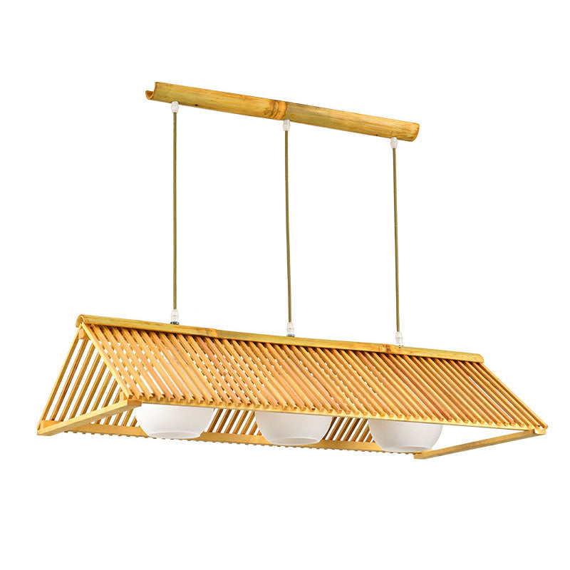 Modern Wood Bamboo Ceiling Light With Cream Glass Shade