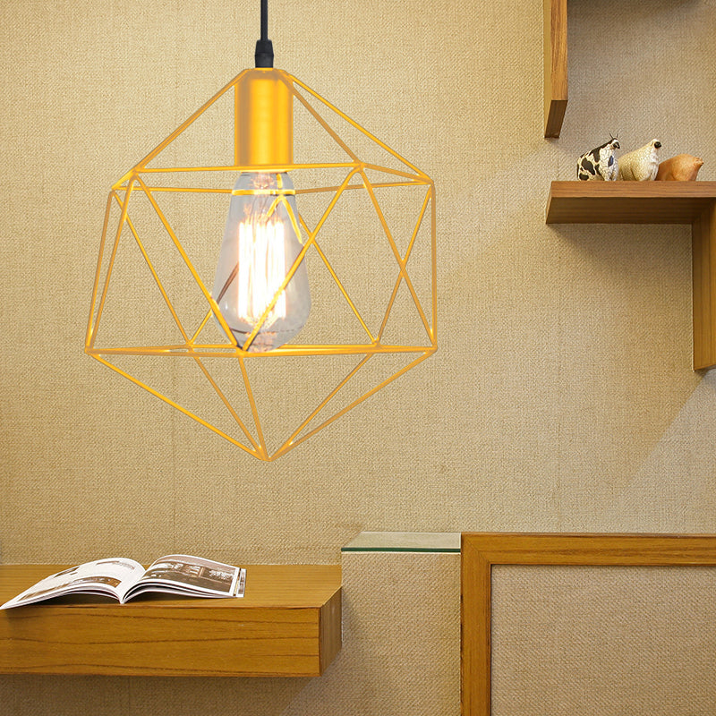 1-Light Geometric Cage Pendant Light Industrial Black/Gold Metal Hanging Lamp for Kitchen Island