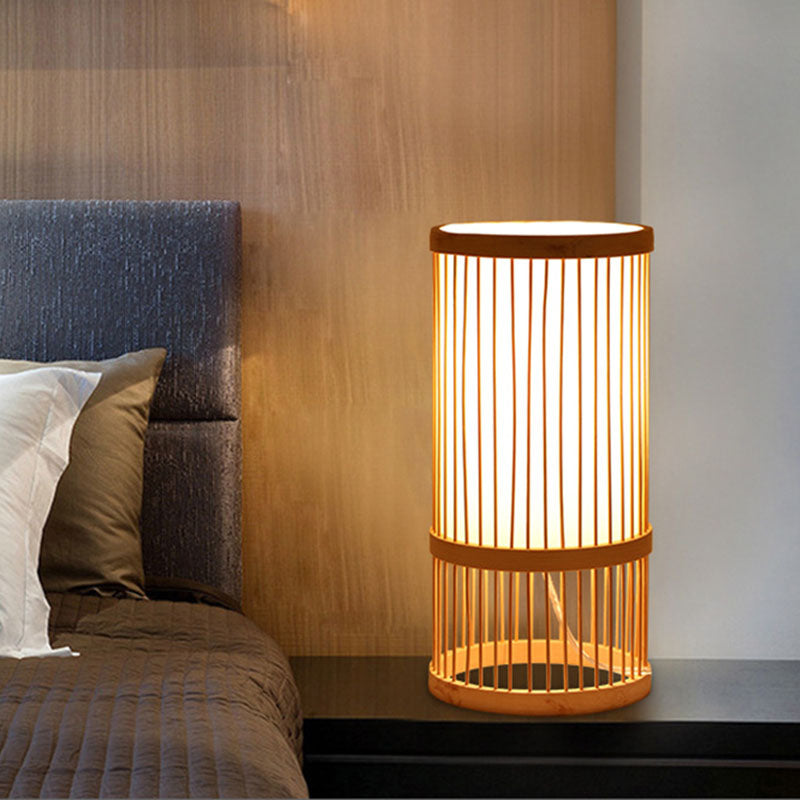 Modern Asian Woven Shade Bamboo Bedside Table Lamp Wood / A