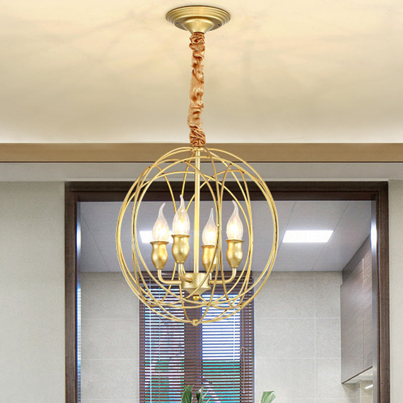 Gold Metal Candle Chandelier - Industrial 5 Bulb Globe Cage Pendant For Dining Room
