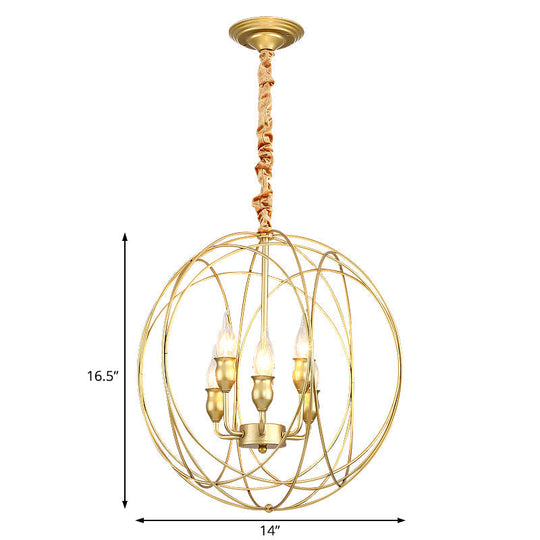 Gold Metal Candle Chandelier - Industrial 5 Bulb Globe Cage Pendant For Dining Room