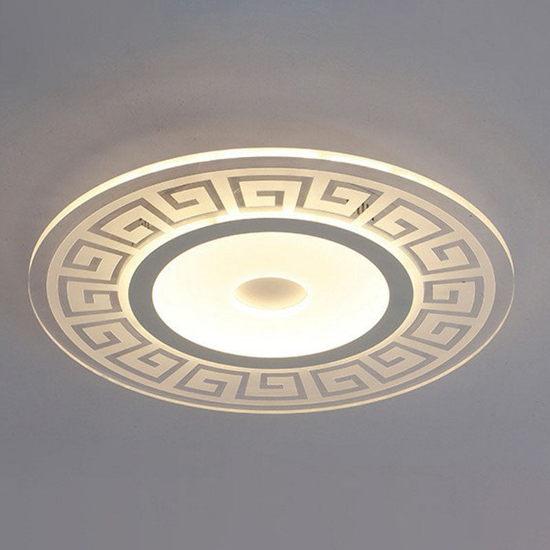 Rounded Acrylic Led Flush Light With Greek Key Decor - Artistic Ceiling Mount For Bedroom