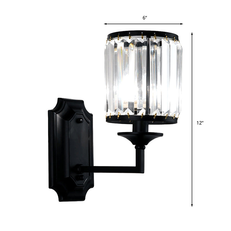 Modern Metallic Cylinder Wall Lamp: 1 Light Sconce With Clear Crystal Prism In Black For Corridor