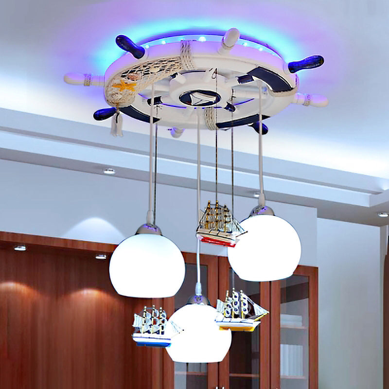 Milk Glass Orb Ceiling Pendant With Nautical 3-Light Ship & Rudder Design - Perfect For Childs