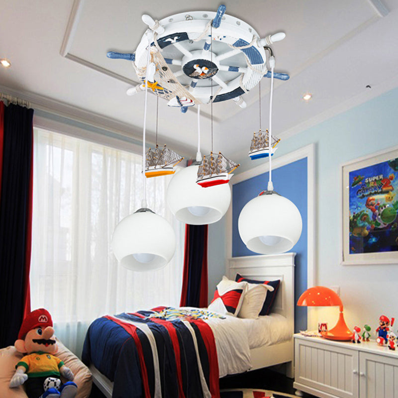 Milk Glass Orb Ceiling Pendant With Nautical 3-Light Ship & Rudder Design - Perfect For Childs
