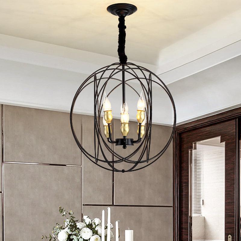 Industrial Metal Candle Pendant Lighting With Orb Cage - 14/19 Wide Black 3/6-Light Fixture For