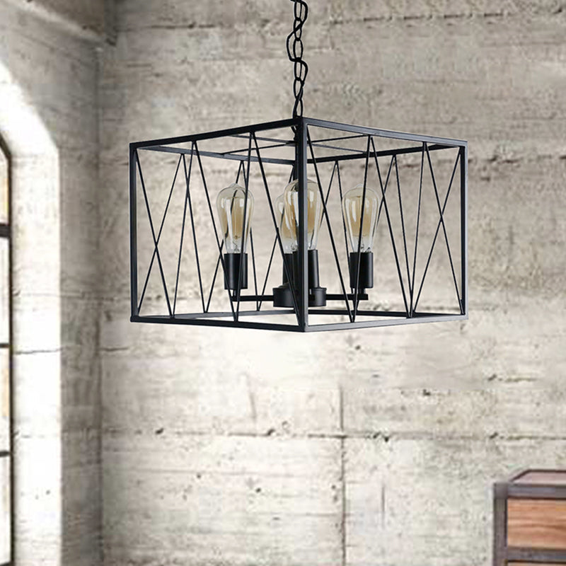 Vintage Iron Pendant Light Fixture with 4 Black Cuboid Wire Frame Heads for Dining Room