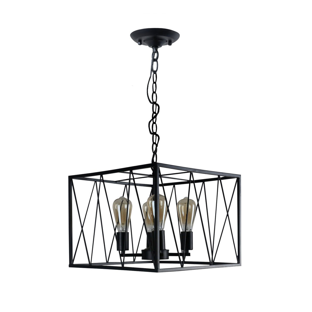 Vintage Iron Pendant Light Fixture with 4 Black Cuboid Wire Frame Heads for Dining Room