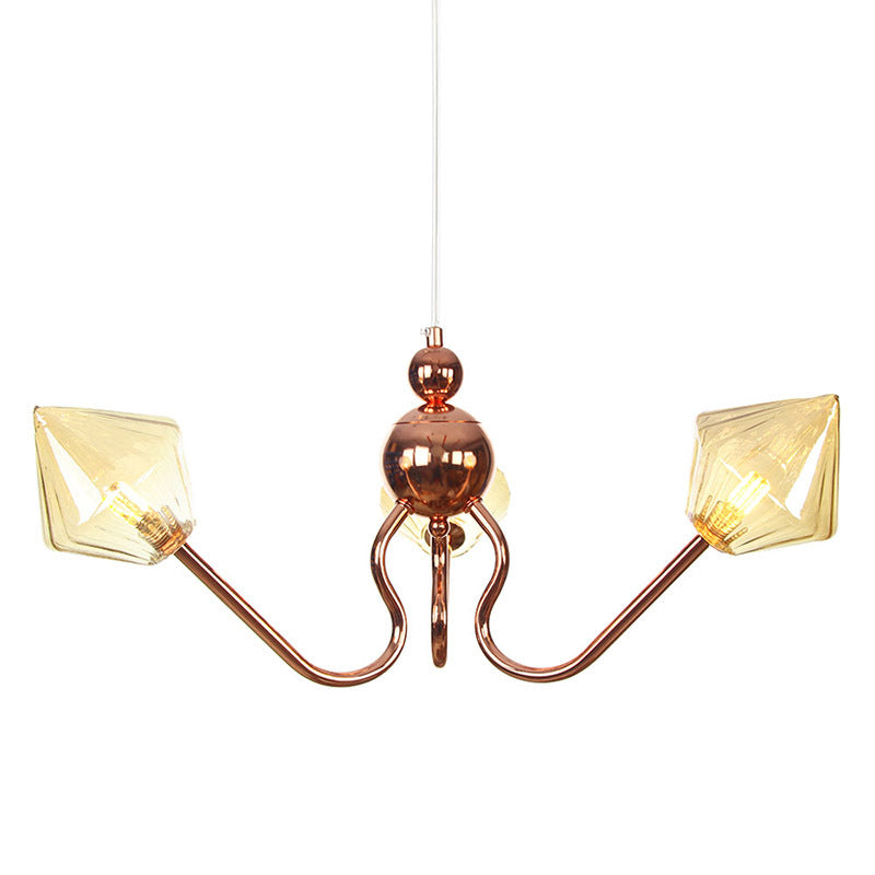 Industrial Metal and Glass Diamond Chandelier - 3-Light Kitchen Pendant in Amber/Clear Shade